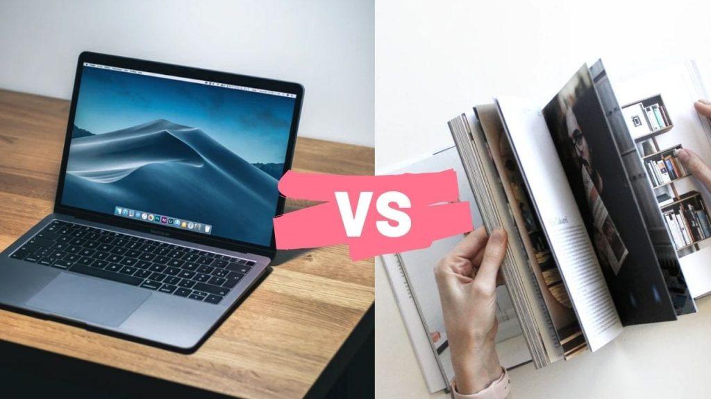 digital vs print image showing laptop on one side and magazine on other