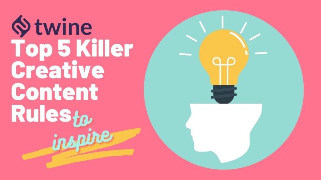 top 5 killer creative content rules to inspire showing pink background and man with lightbulb appearing on top of head