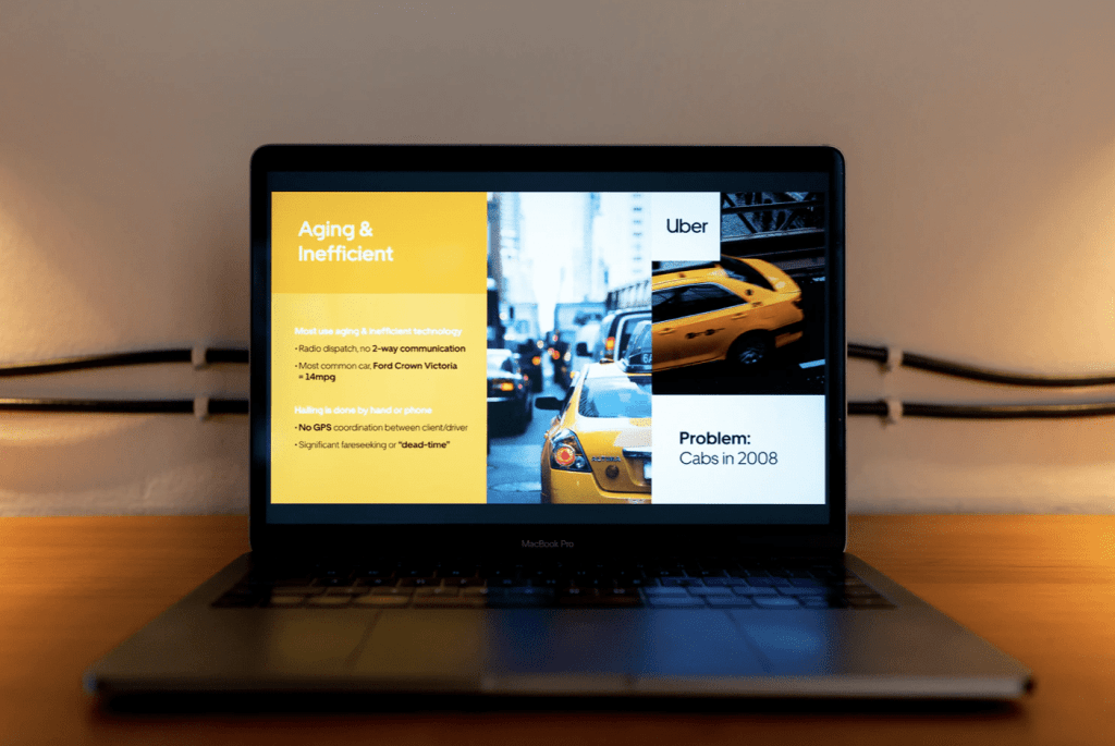 uber company pitch deck example, showing pitch deck from uber on laptop screen