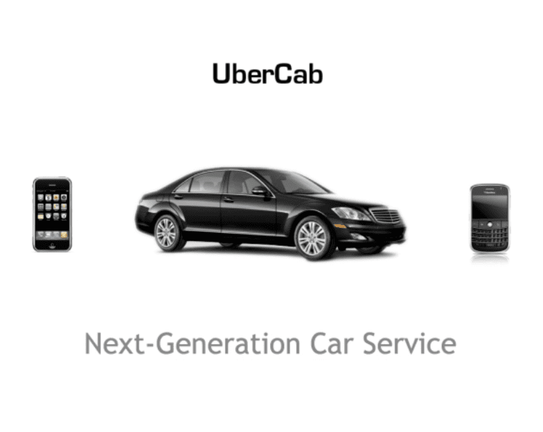 uber pitch deck example - shows black car positioned with two mobile devices either side, to display how you can contact an 'uber'