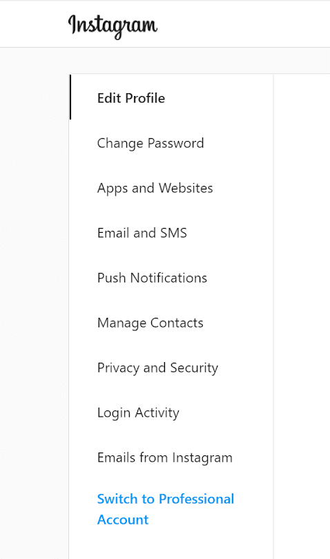 screen grab of instagram side bar menu illustrating 'edit profile', 'change password' 'privacy and security' and 'switch to professional account'