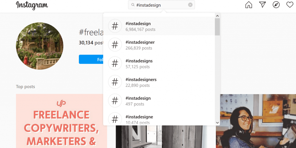 screen grab of hashtags displayed in the search bar of instagram with #instadesign