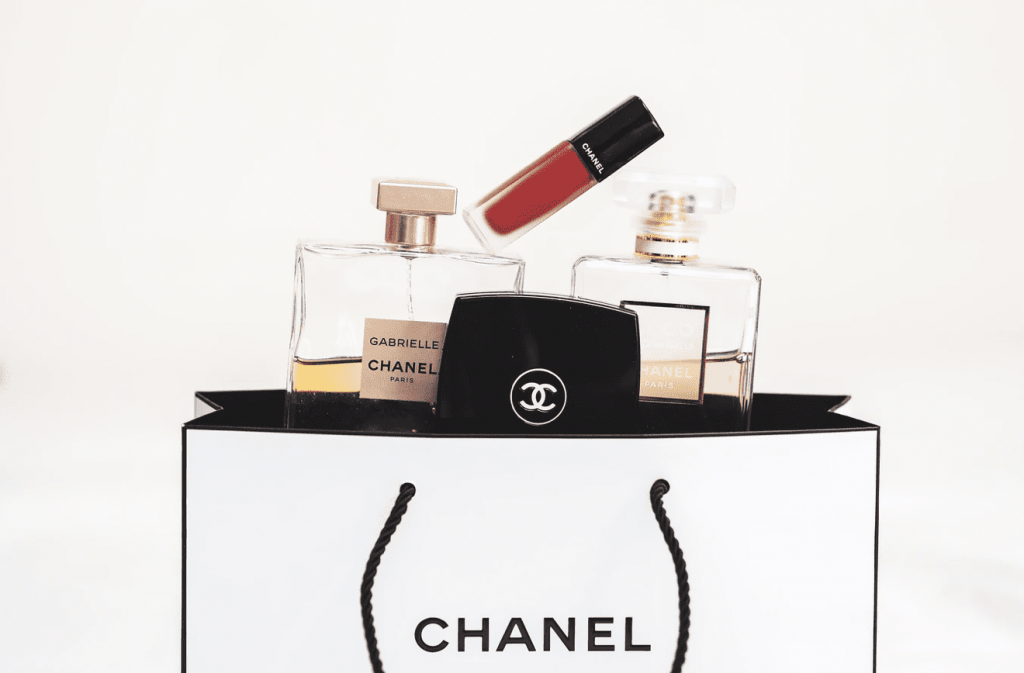 a Chanel branded bag with Chanel branded products inside