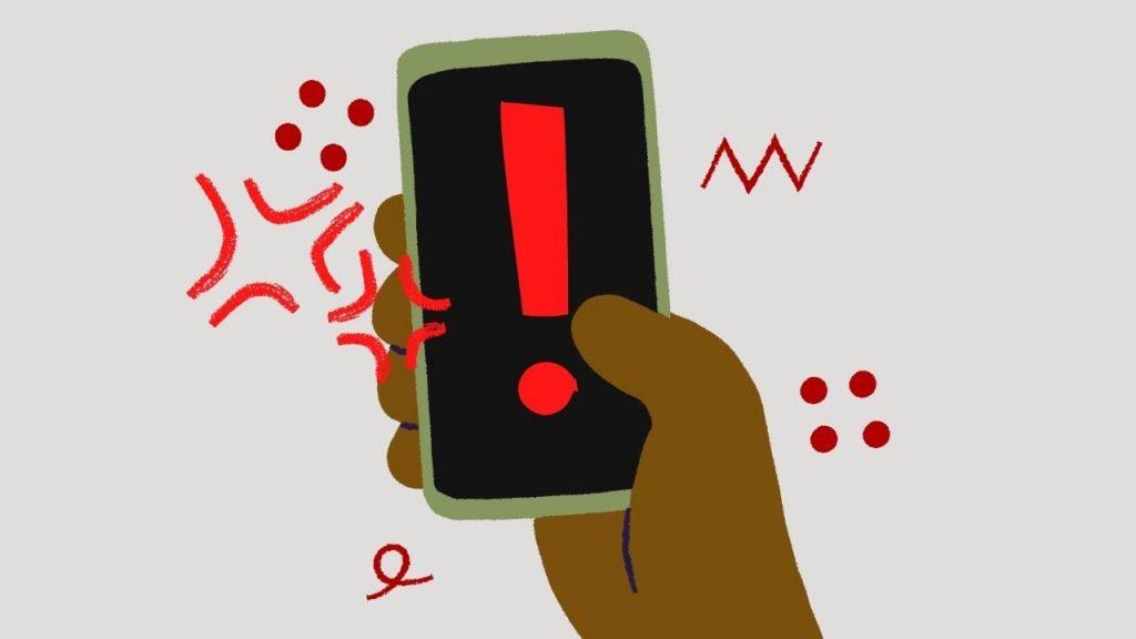 design of someone holding phone with an exclamation mark on the screen showing unprofessional behaviour