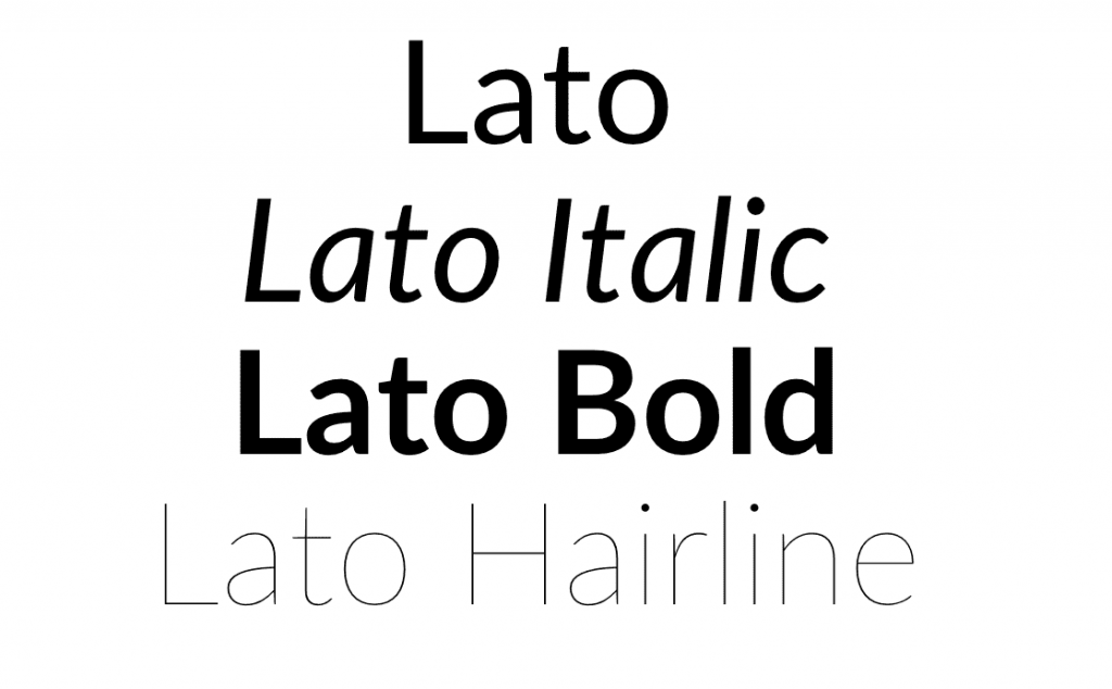 different variants of the font lato: lato regular, lato italic, lato bold, lato hairline