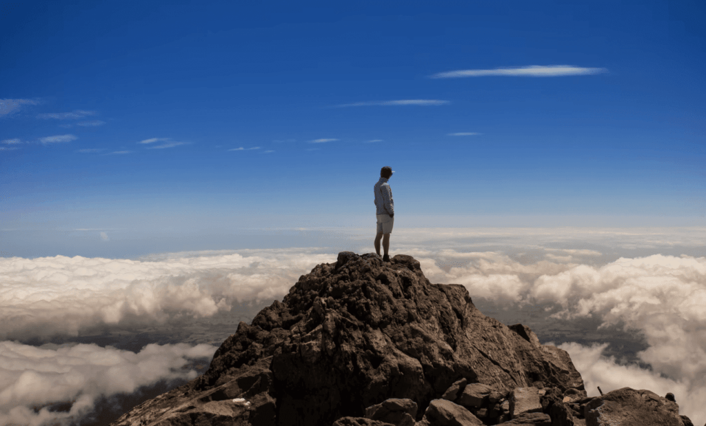person standing on top of mountain to symbolise unrealistic goals in their 5-year business plan