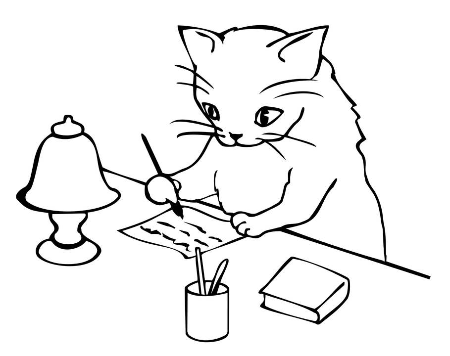 Black line illustration of a cat writing in a book. Campaign copy is an important part of completing this crowdfunding checklist.