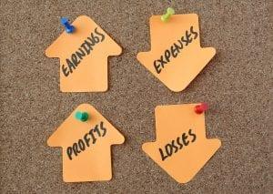 Arrow shaped post-it notes showing business expenses. Upwards facing arrows are earnings and profits, while downwards ones are expenses and losses. Startups are often limited by high expenses and lower profits, making ROI hard to achieve.